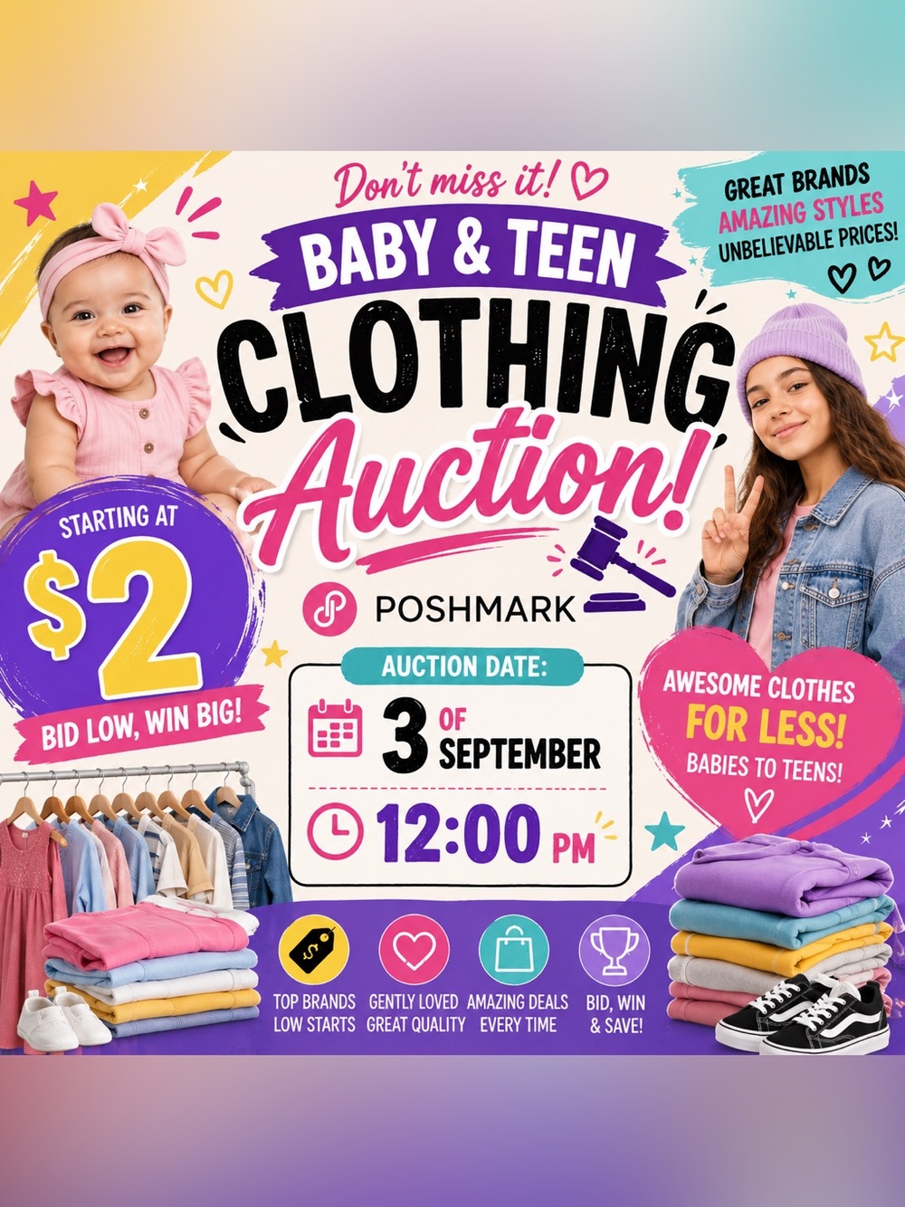 Baby & Teen Clothing Auction - Pink & Purple Promo Poster start $2